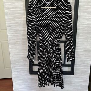 Milan Kiss black and white polkadot long sleeve rayon dress size XL button-down